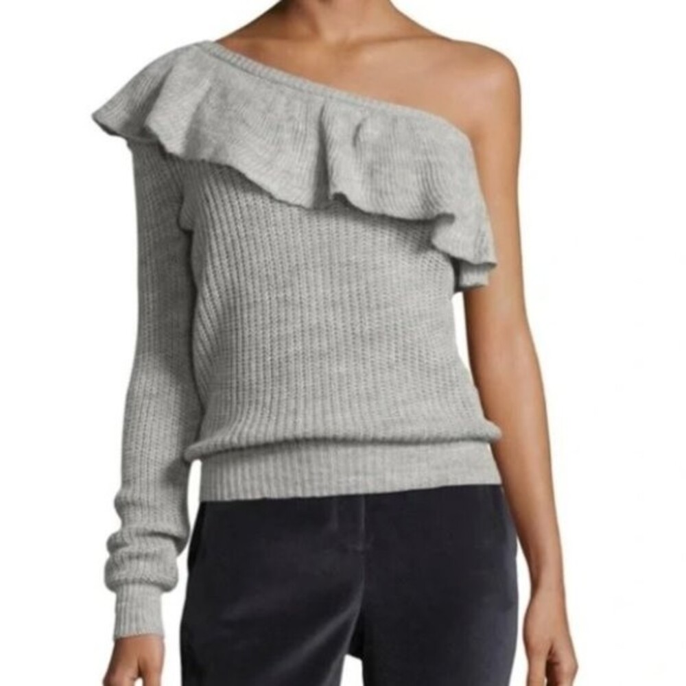 Rebecca Taylor One Shoulder Ruffle Alpaca Blend Sweater Gray XS NWT